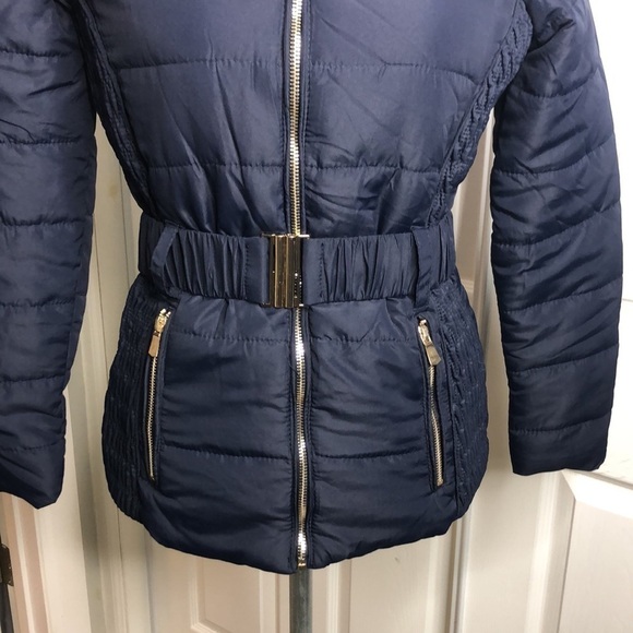 Contempo Coat Blue Cinch Waist Belt Pockets Zip M Puffer - Picture 2 of 7